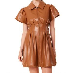NEW DOLCE CABO vegan leather zip front bubble mini dress in saddle